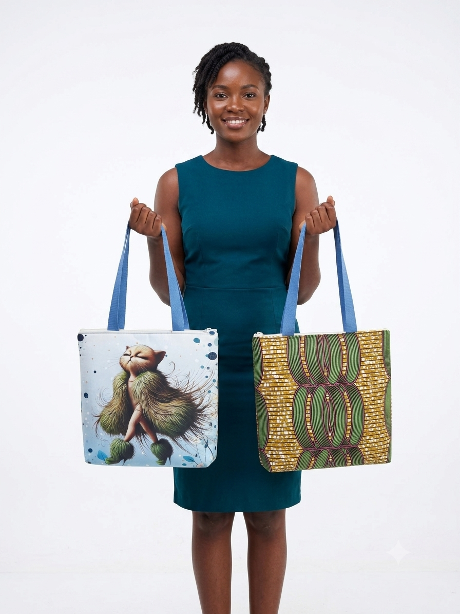BOLSA TOTE DUPLA FACE ARTESANAL – ESTAMPA ÉTNICA VERDE & GATO FASHION
