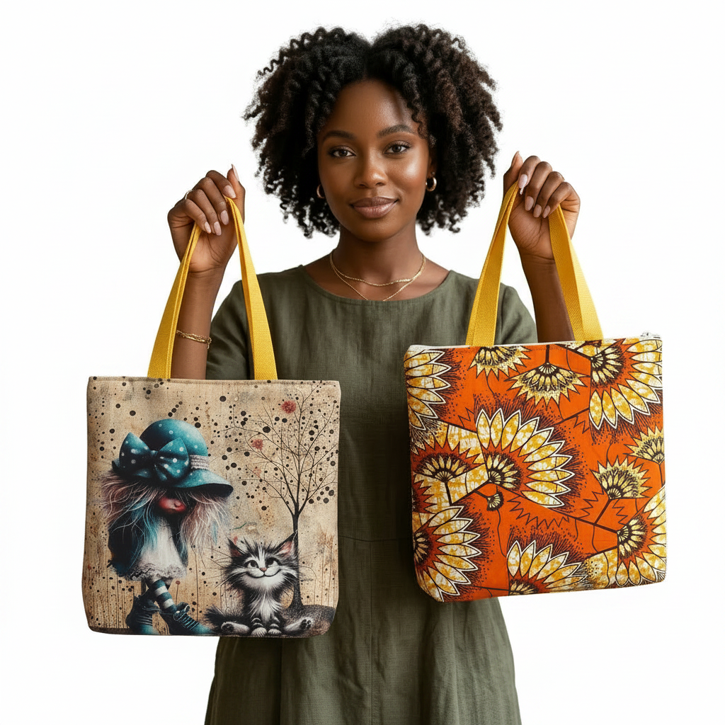 BOLSA TOTE DUPLA FACE ARTESANAL – ESTAMPA ÉTNICA AFRICANA & GATO FASHIONISTA