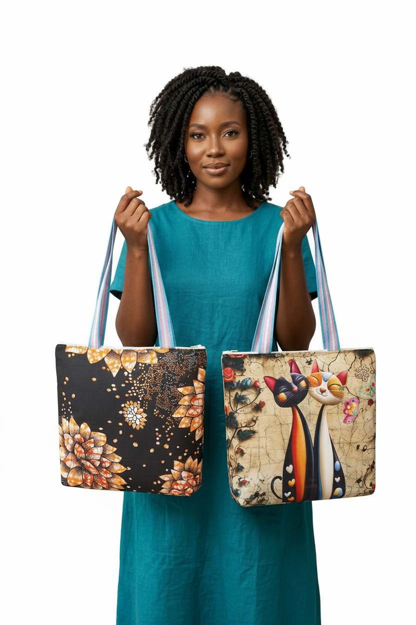 BOLSA TOTE DUPLA FACE – ESTAMPA FLORAL AFRICANA & GATOS