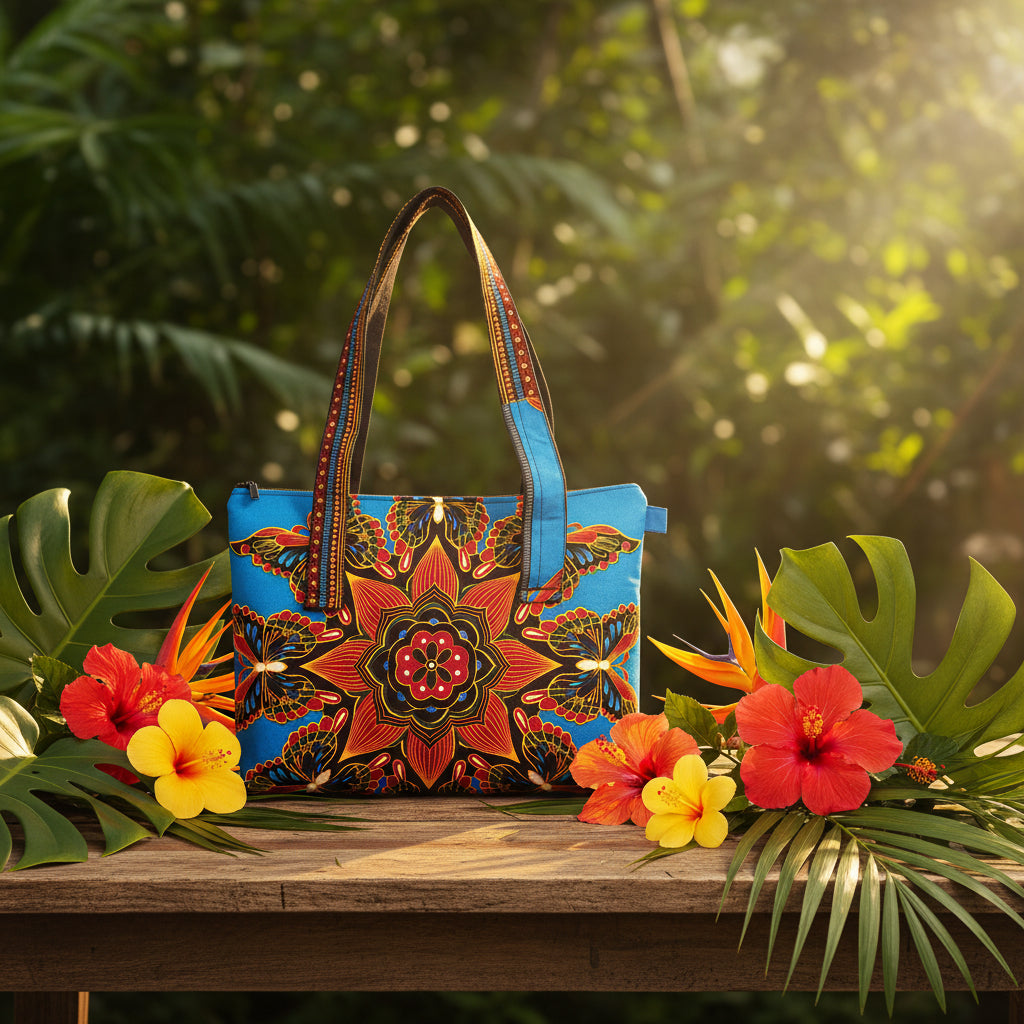 BOLSA TOTE ARTESANAL MANDALA FLORES E BORBOLETAS