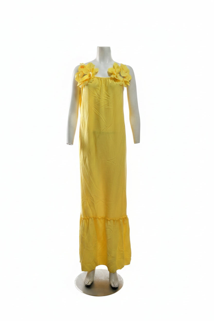 VESTIDO LONGO SOLARE COM APLICAÇÃO FLORAL E BABADO – AMARELO