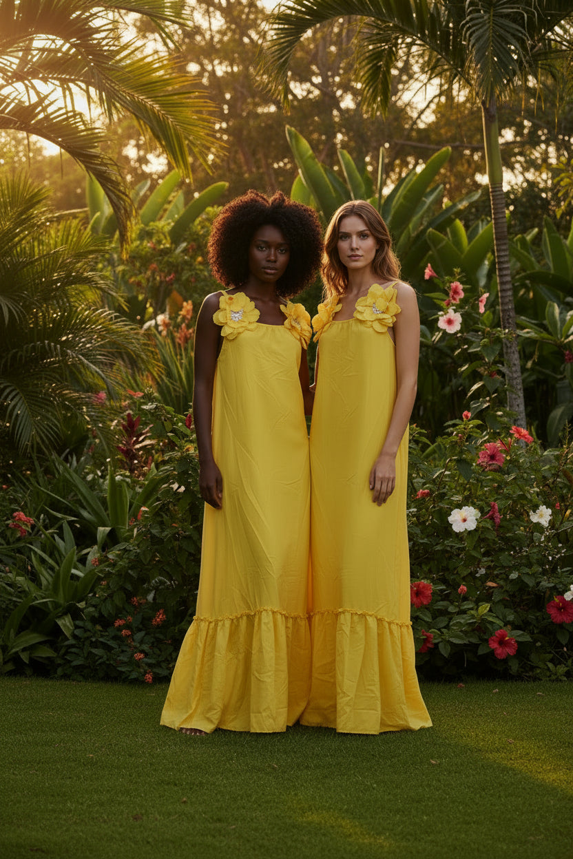 VESTIDO LONGO SOLARE COM APLICAÇÃO FLORAL E BABADO – AMARELO