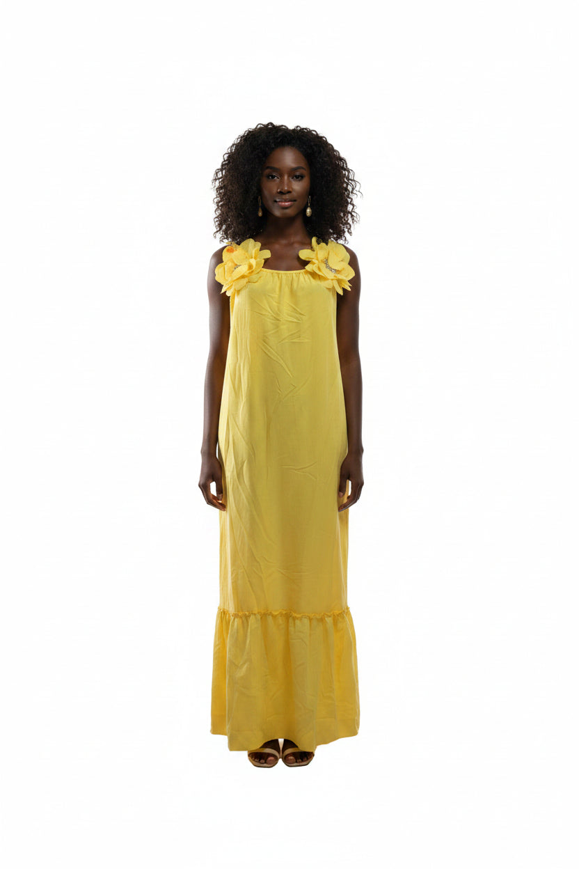VESTIDO LONGO SOLARE COM APLICAÇÃO FLORAL E BABADO – AMARELO