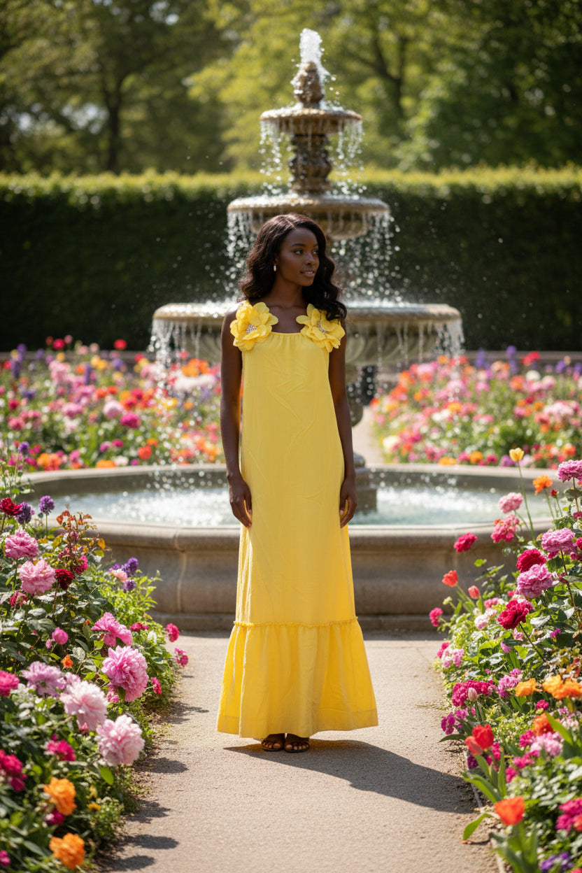 VESTIDO LONGO SOLARE COM APLICAÇÃO FLORAL E BABADO – AMARELO