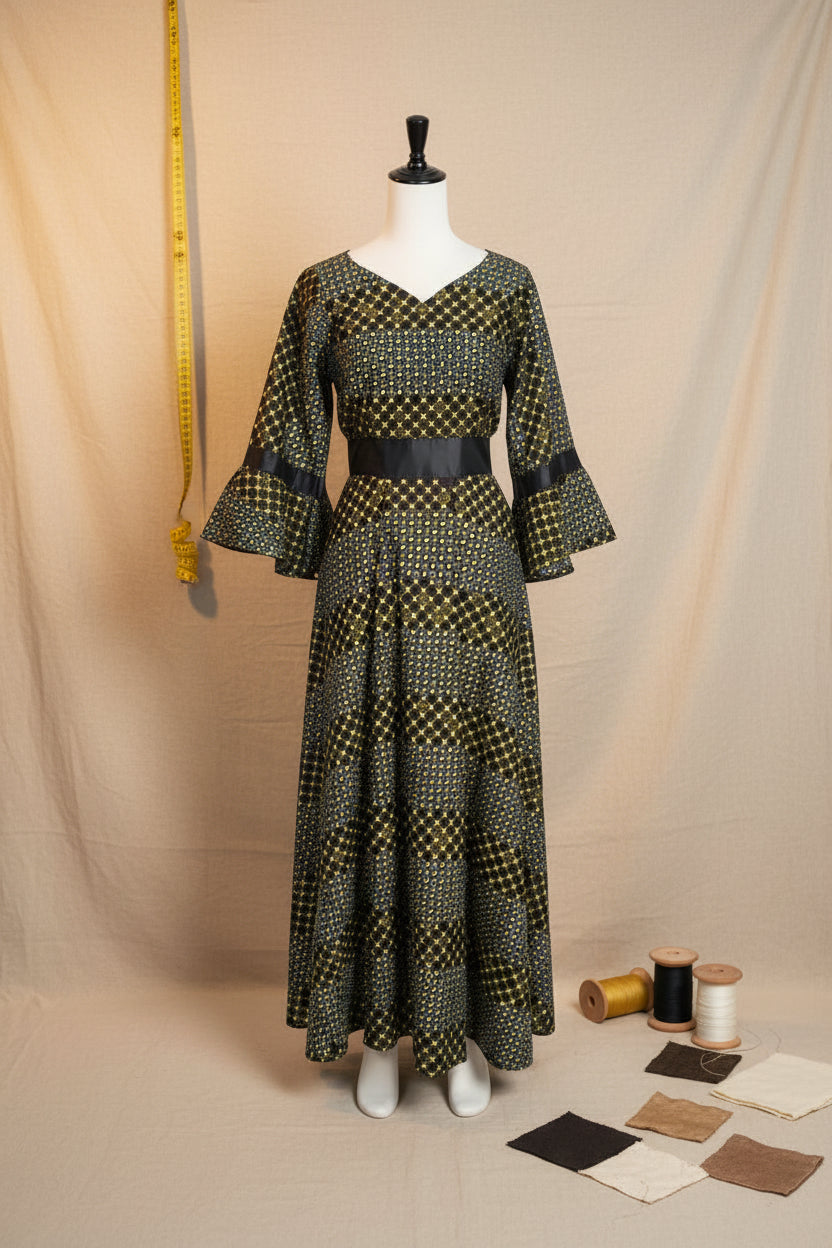 Vestido Longo Boho Geométrico com Mangas Flare e Faixa na Cintura