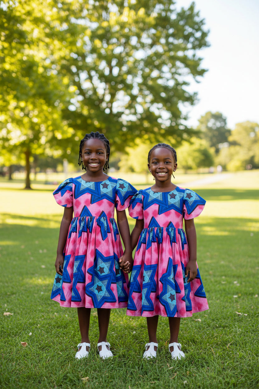VESTIDO INFANTIL AFRICANO MANGAS BUFANTES ESTAMPA ESTRELAS