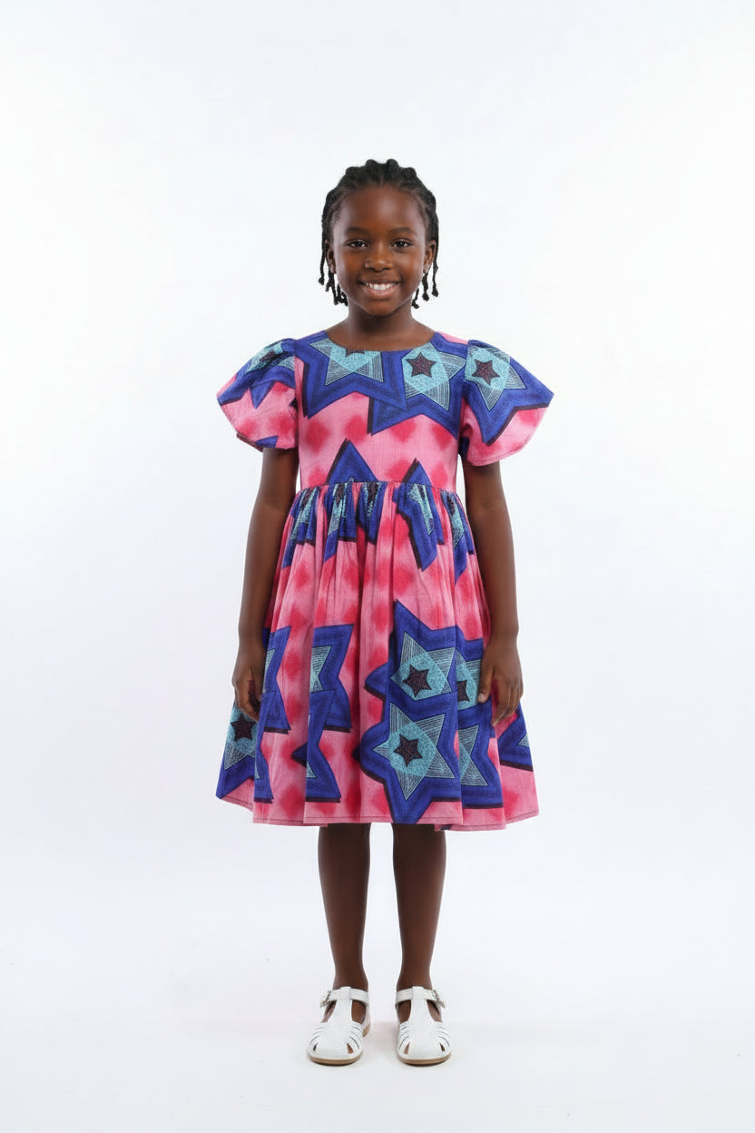 VESTIDO INFANTIL AFRICANO MANGAS BUFANTES ESTAMPA ESTRELAS