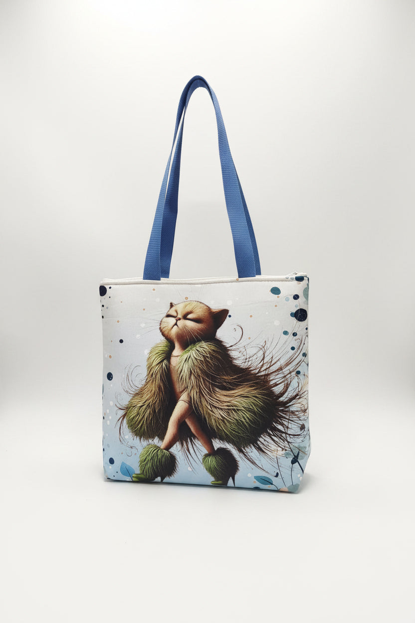 BOLSA TOTE DUPLA FACE ARTESANAL – ESTAMPA ÉTNICA VERDE & GATO FASHION