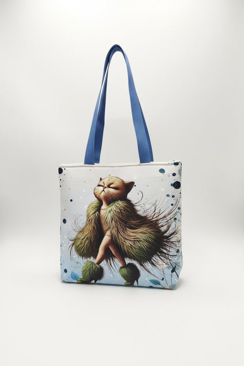 BOLSA TOTE DUPLA FACE ARTESANAL – ESTAMPA ÉTNICA VERDE & GATO FASHION
