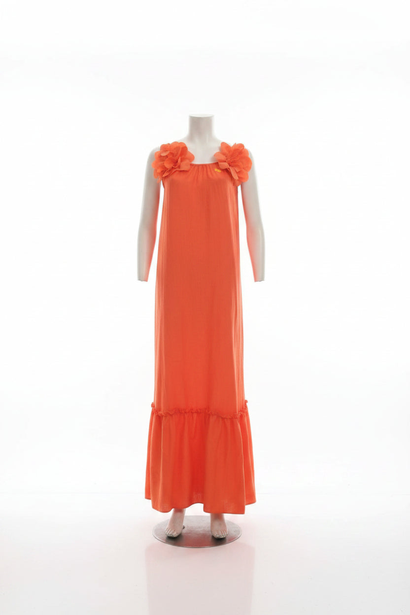 VESTIDO LONGO SOLARE COM APLICAÇÃO FLORAL E BABADO – AMARELO